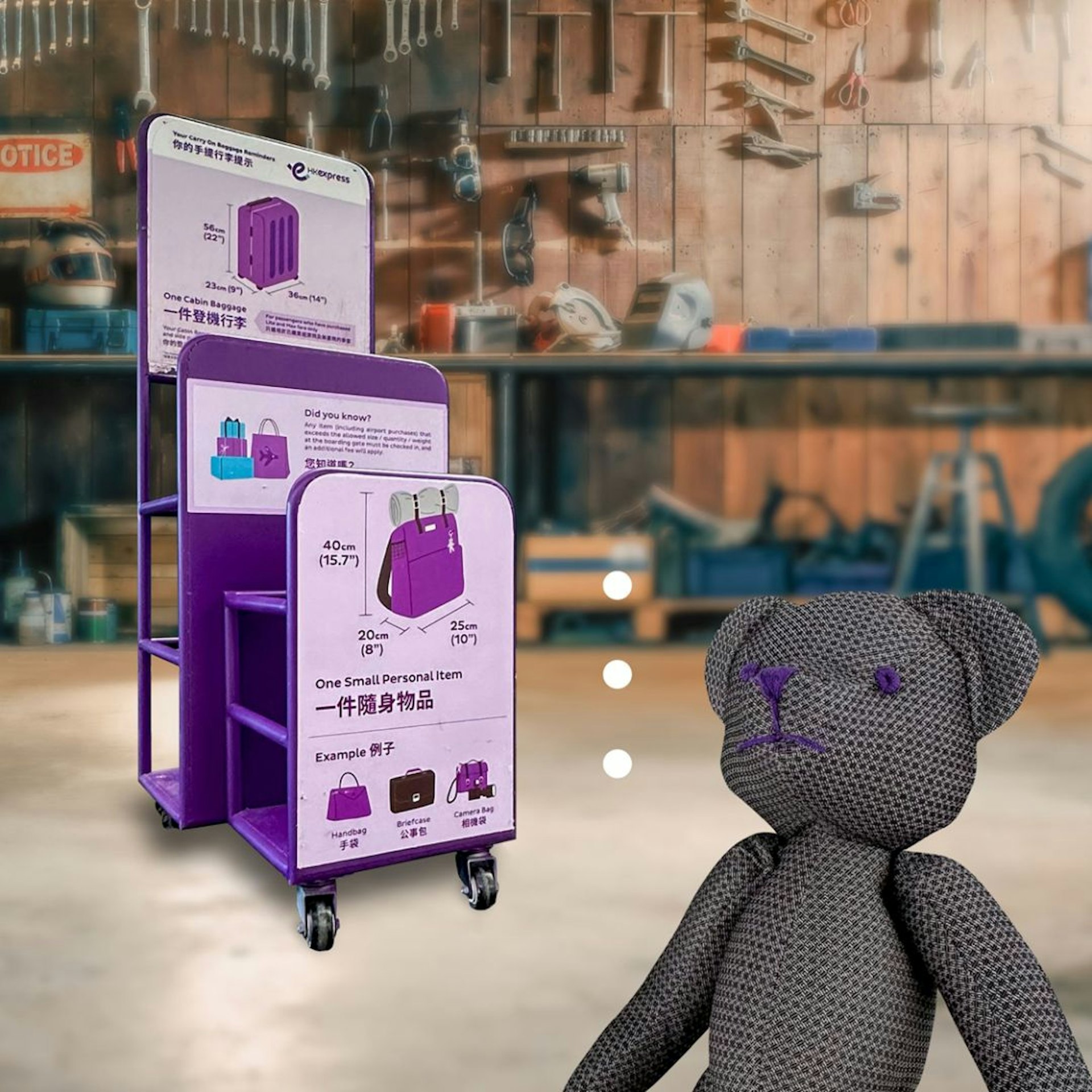 HK Express行李尺寸量度架為直向設計,常有行李被卡住無發放入,被戲稱為「行刑架」。(HK Express提供) HK Express行李尺寸量度架為直向設計,常有行李被卡住無發放入,被戲稱為「行刑架」。(HK Express提供)