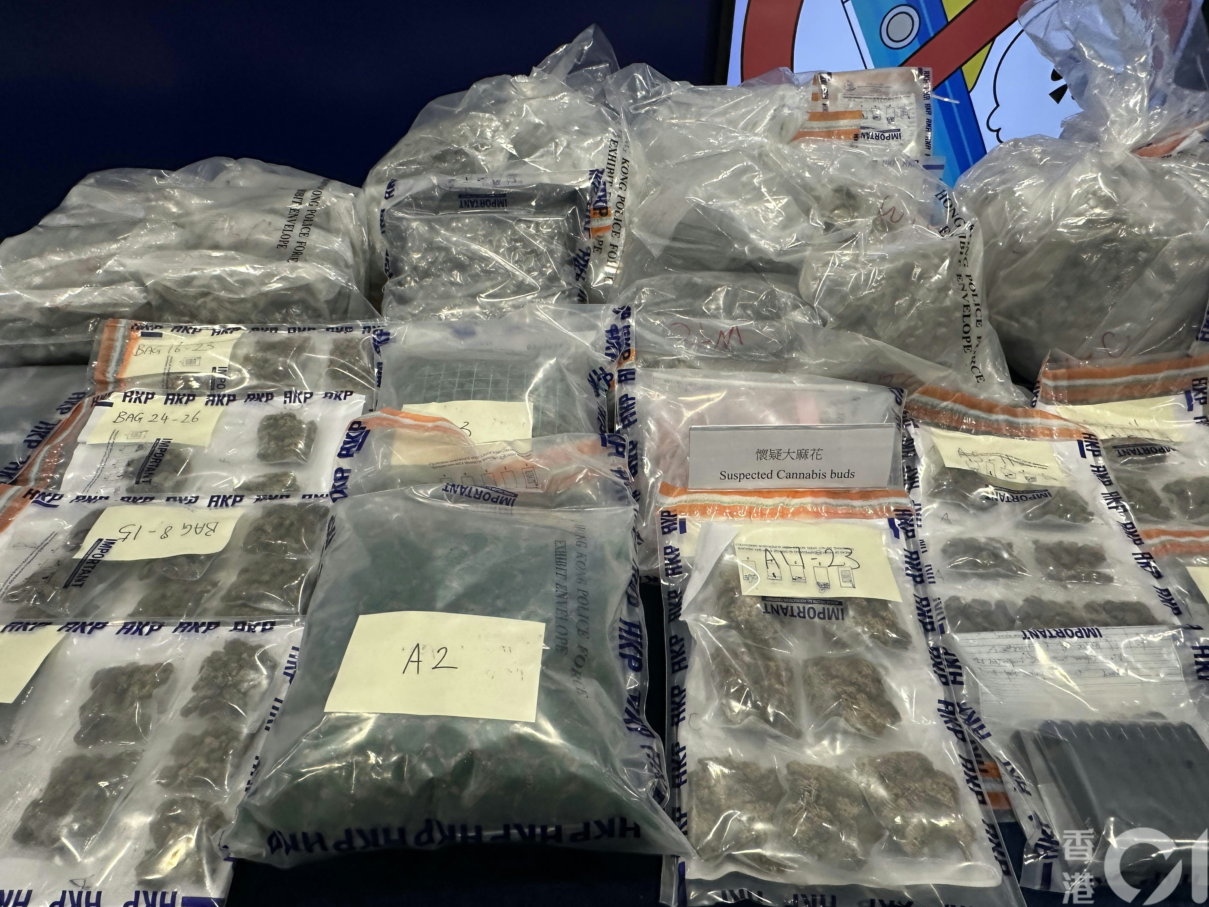 警方檢獲不同種類的毒品、依托咪酯粉末、太空油煙彈等，市值約3700萬元。（黃煦緻攝）