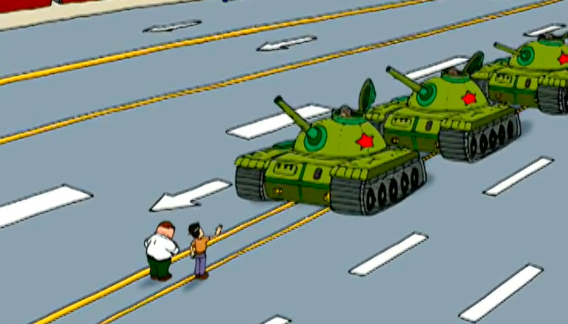 遭乘客質疑涉嫌違反國安法的節目,屬於美國動畫《Family Guy》於1999年主題為「Death Has A Shadow」的首播集,當中包括影射「六四事件」的畫面。(YouTube 截圖) 遭乘客質疑涉嫌違反國安法的節目,屬於美國動畫《Family Guy》於1999年主題為「Death Has A Shadow」的首播集,當中包括影射「六四事件」的畫面。(YouTube 截圖)