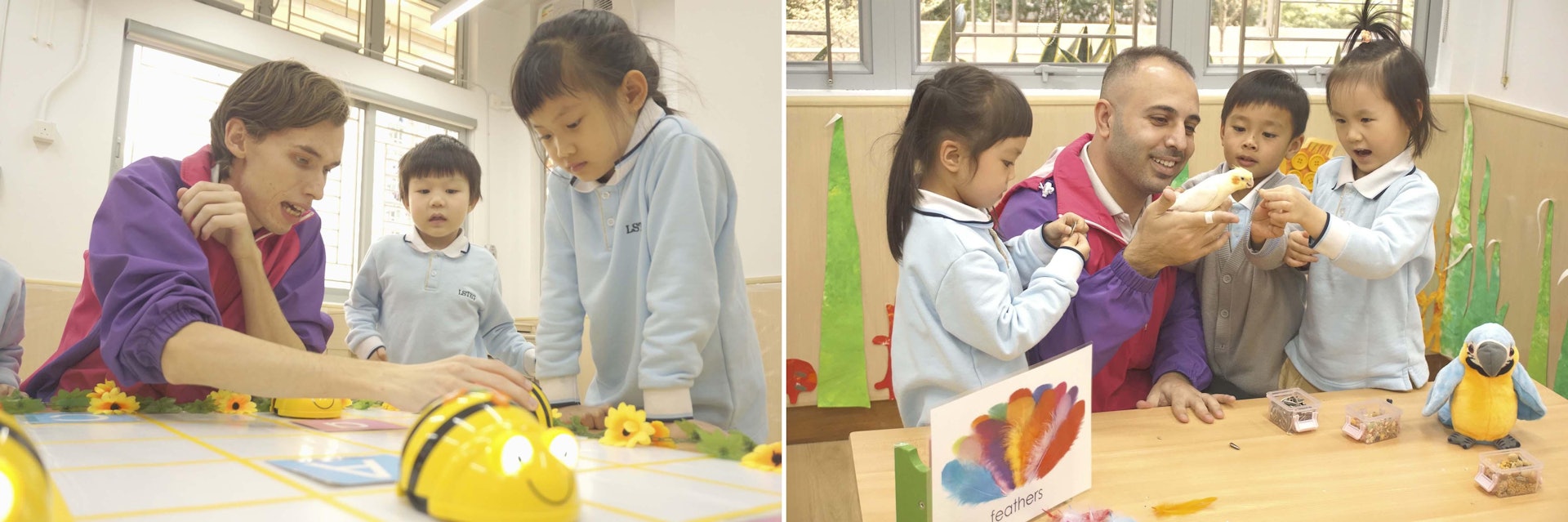 (左)外籍教師教導幼兒使用STEM學習機器人Bee-Bot;(右)外籍教師通過互動教學,引導幼兒了解動物的特徵 (左)外籍教師教導幼兒使用STEM學習機器人Bee-Bot;(右)外籍教師通過互動教學,引導幼兒了解動物的特徵