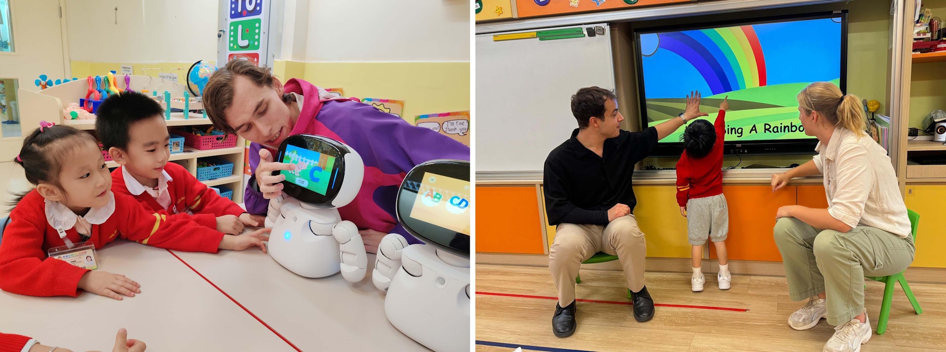 外籍教師引導幼兒使用互動式電子白板和編程機器人 外籍教師引導幼兒使用互動式電子白板和編程機器人