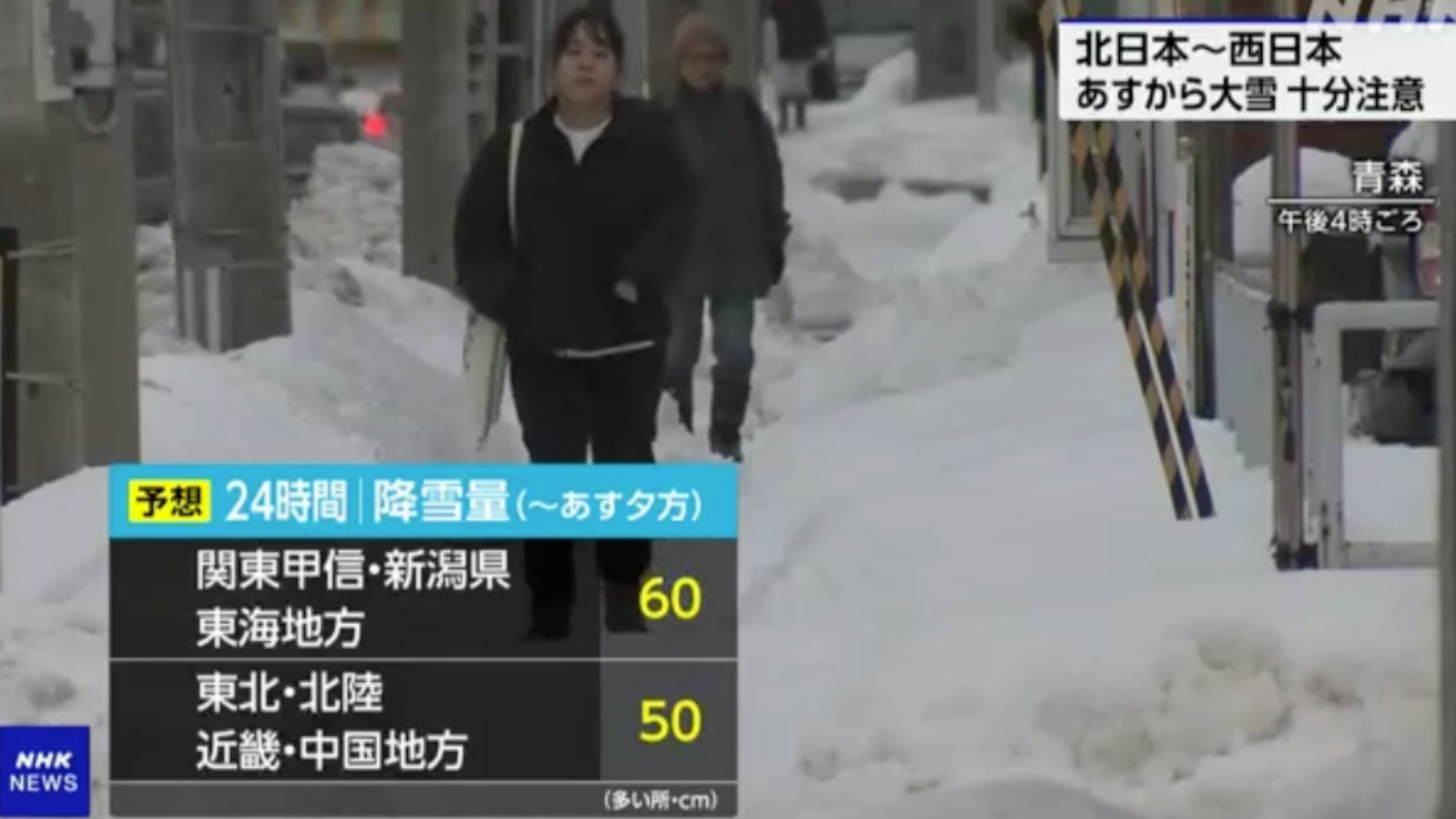2024年12月21日日本氣象廳預測，日本北部到西部日本海一側在22日到23日或會下大雪。圖為位於日本青森地區的民眾在當地時間21日下午4時，在布滿積雪的道路行走。（NHK截圖）