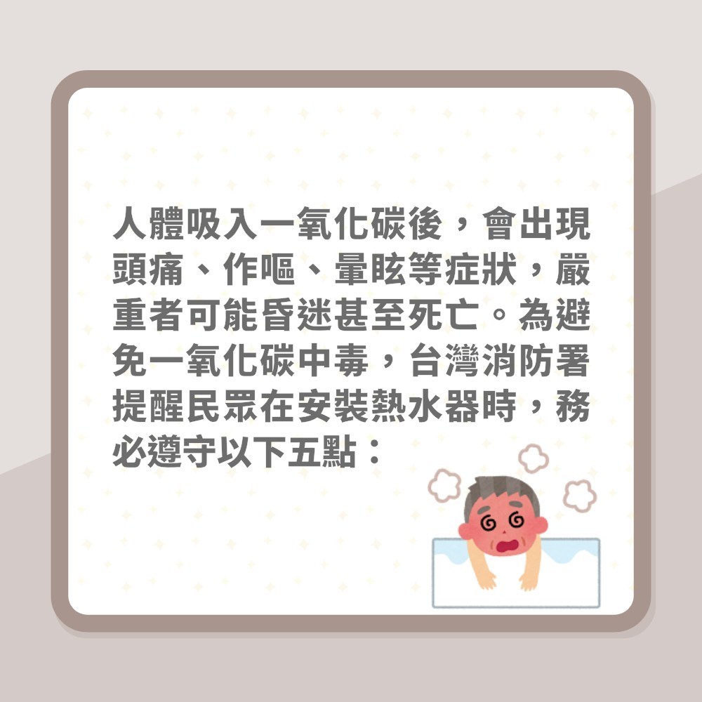 冬天沖熱水涼要小心！一氧化碳中毒恐致命　台消防署列5點保平安（01製圖）