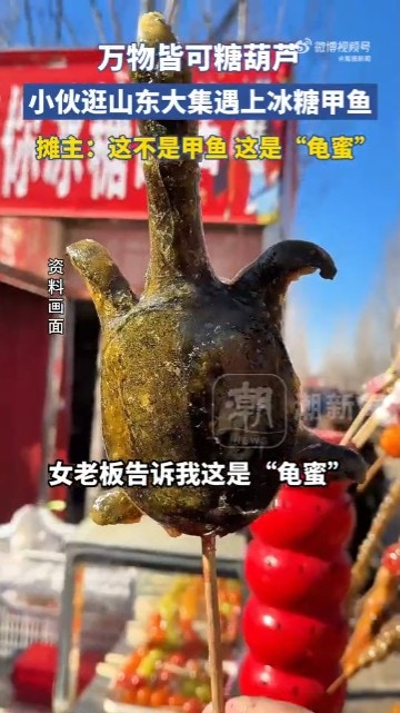中國東北部近期有不少攤販開始販賣1款名為「冰糖龜蜜」的冰糖葫蘆。（微博截圖 / @海報新聞）
