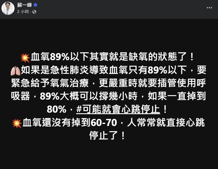 蘇一峰說，血氧89%以下其實就是缺氧的狀態了。（fb@蘇一峰）