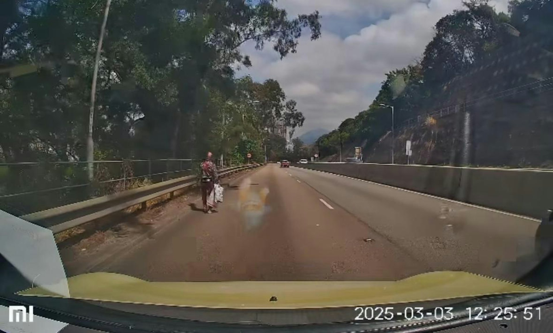 老婦沿獅子山隧道公路往沙田方向的慢線旁邊行走,片主見狀收慢停車了解。(vr2upk/ Threads 片段) 老婦沿獅子山隧道公路往沙田方向的慢線旁邊行走,片主見狀收慢停車了解。(vr2upk/ Threads 片段)