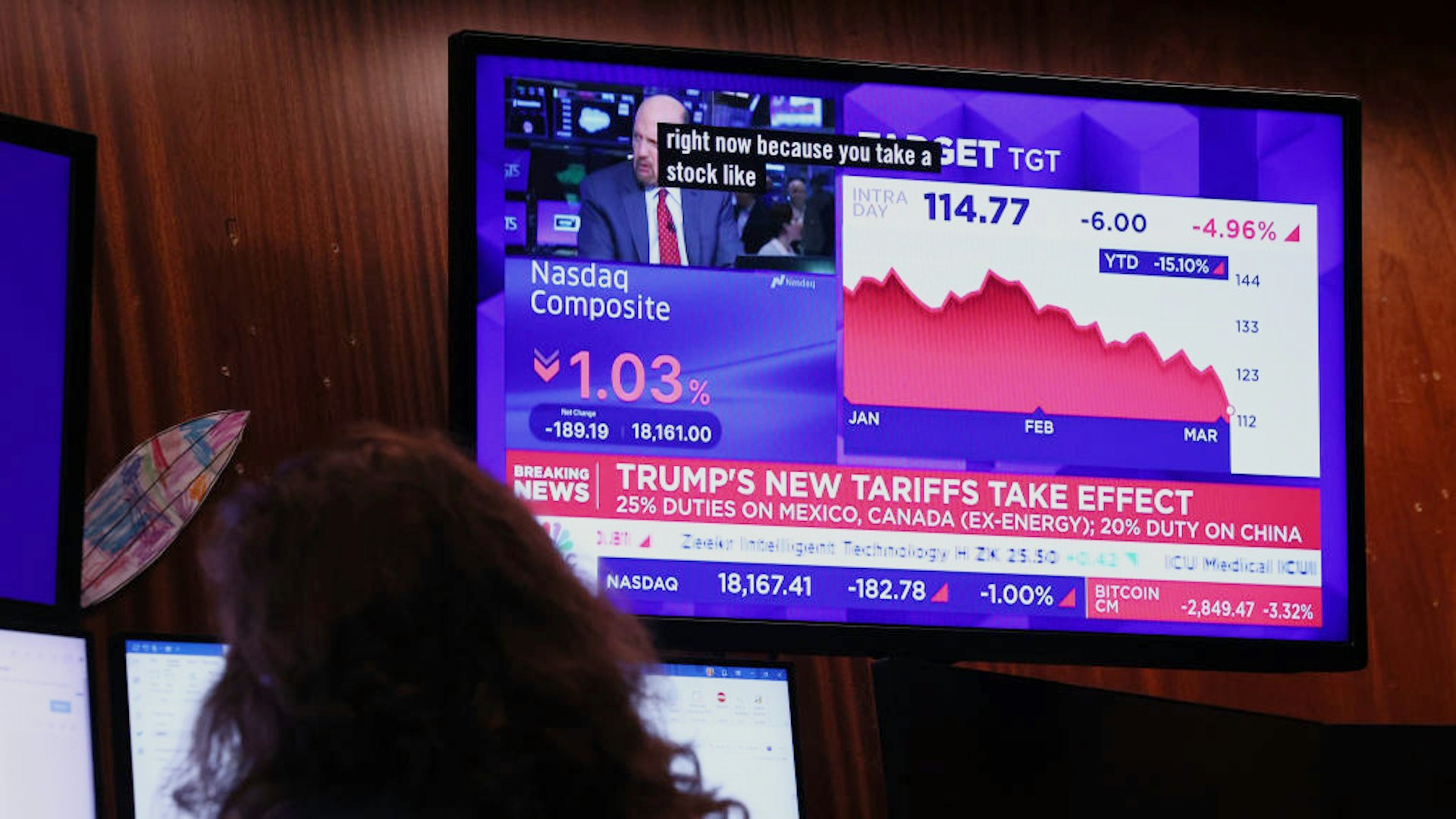 2025年3月4日,美国纽约,图为纽约交易所中道指自特朗普宣布对加拿大、墨西哥、中国加征关税政策后急速下滑。 (Getty)