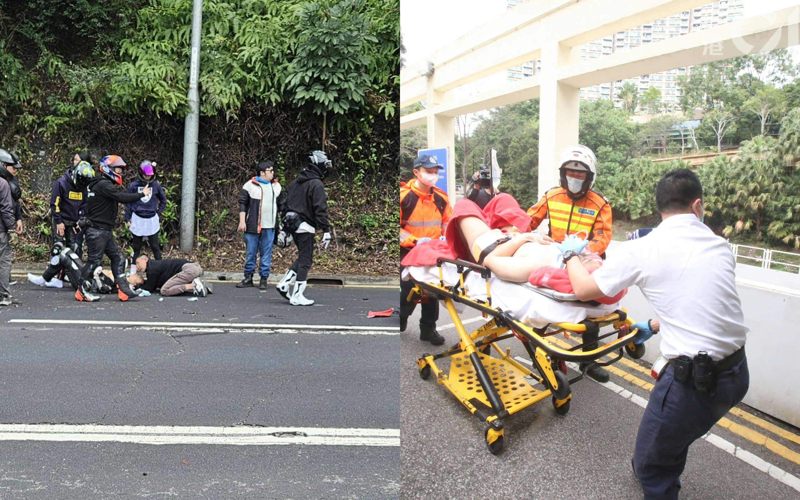 大埔公路電單車跣軚自炒　鐵騎士人仰車翻受傷倒地　有人跪地施援