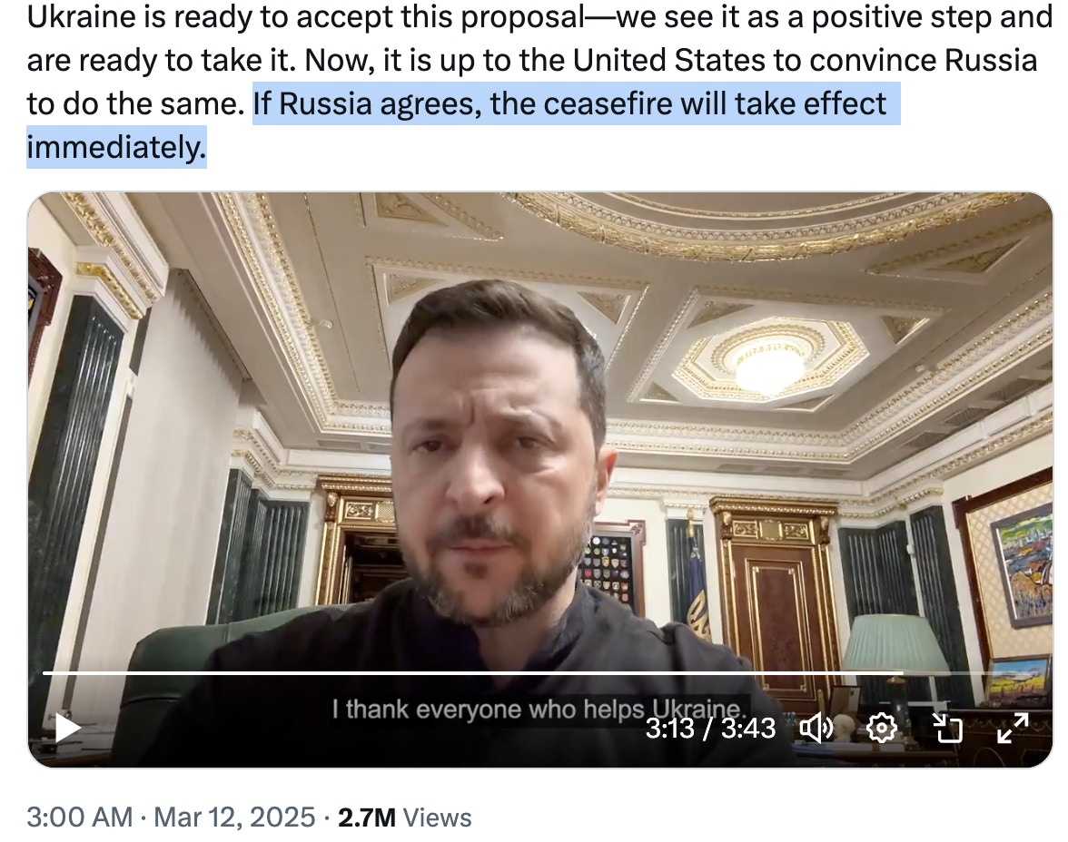 澤連斯基在X上強調，「如果俄羅斯同意，停火將會即時生效」。（X截圖）