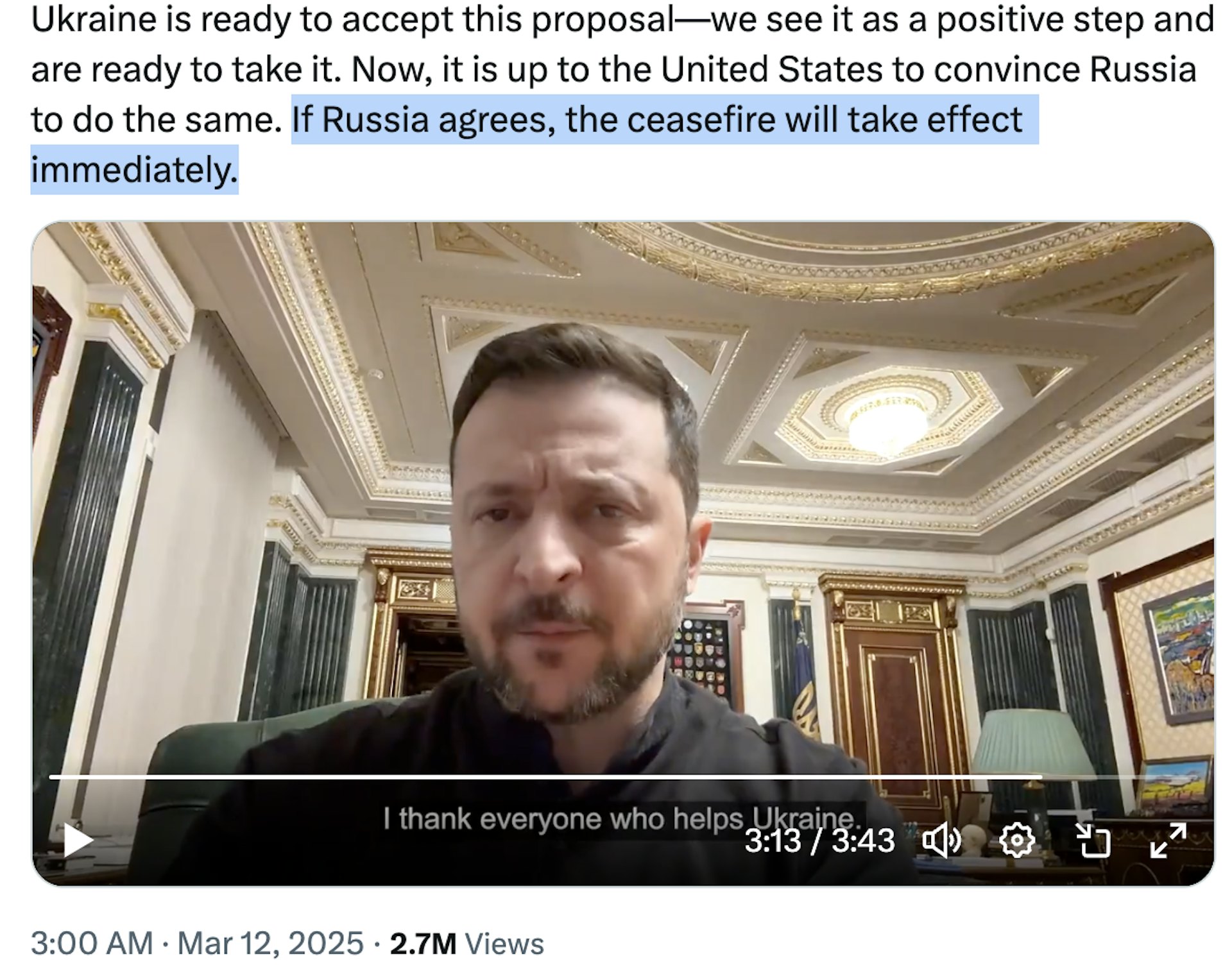 澤連斯基在X上強調,「如果俄羅斯同意,停火將會即時生效」。(X截圖)