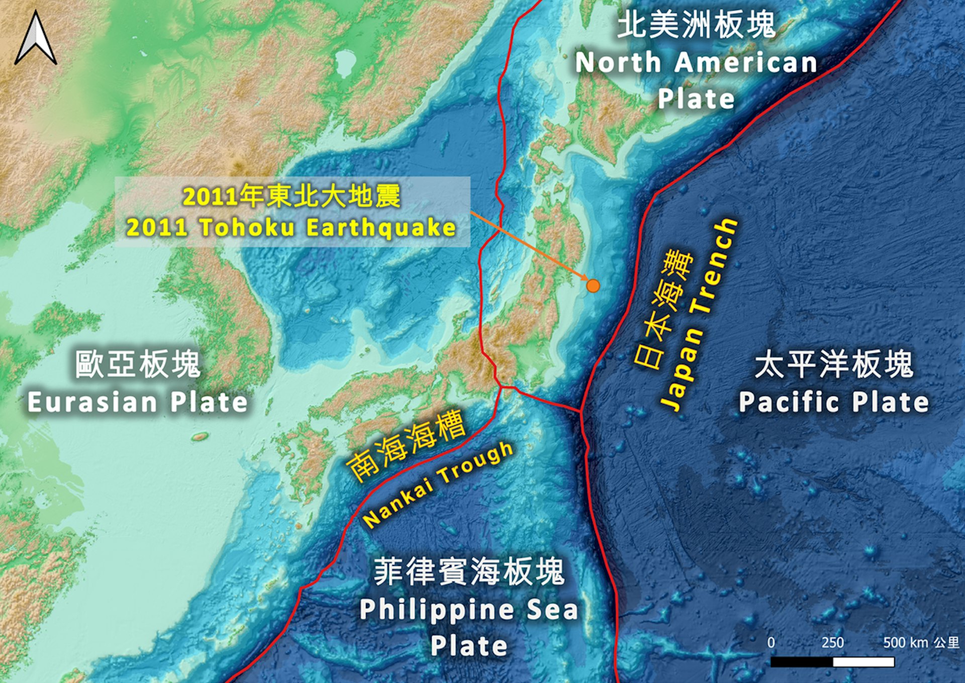 南海海槽、日本海溝和鄰近板塊的位置圖。2011年東北大地震的震中(橙色圓點)近日本海溝沿線。(天文台圖片) 南海海槽、日本海溝和鄰近板塊的位置圖。2011年東北大地震的震中(橙色圓點)近日本海溝沿線。(天文台圖片)