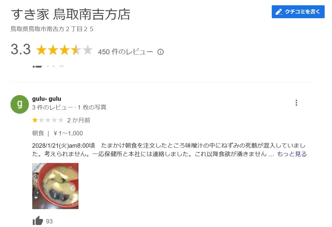 日本一名網民在網上留言，指在SUKIYA鳥取市一家分店的餐內發現死老鼠，並附上照片（網站截圖）