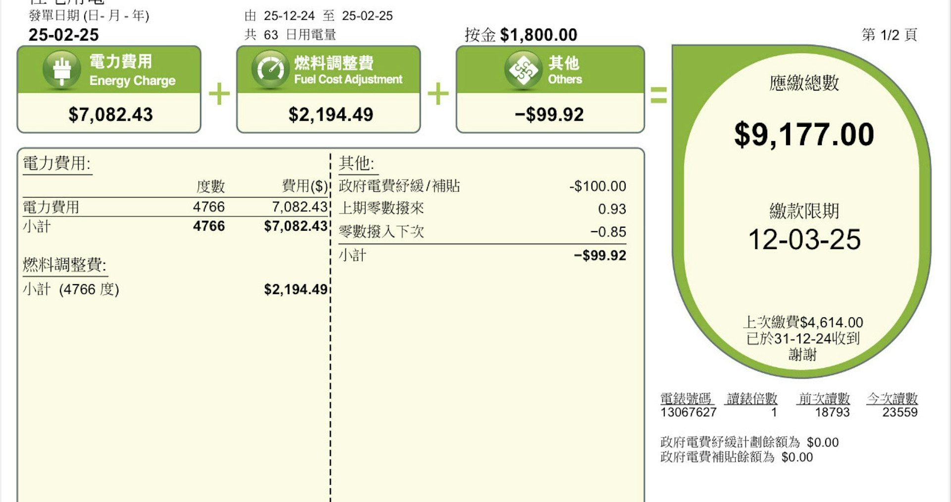 樓主需要繳付電費9,177元。(小紅書) 樓主需要繳付電費9,177元。(小紅書)