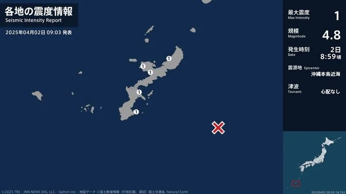 日本小笠原群島父島附近海域及沖繩近海先後發生最高4.8級地震。(TBS截圖)