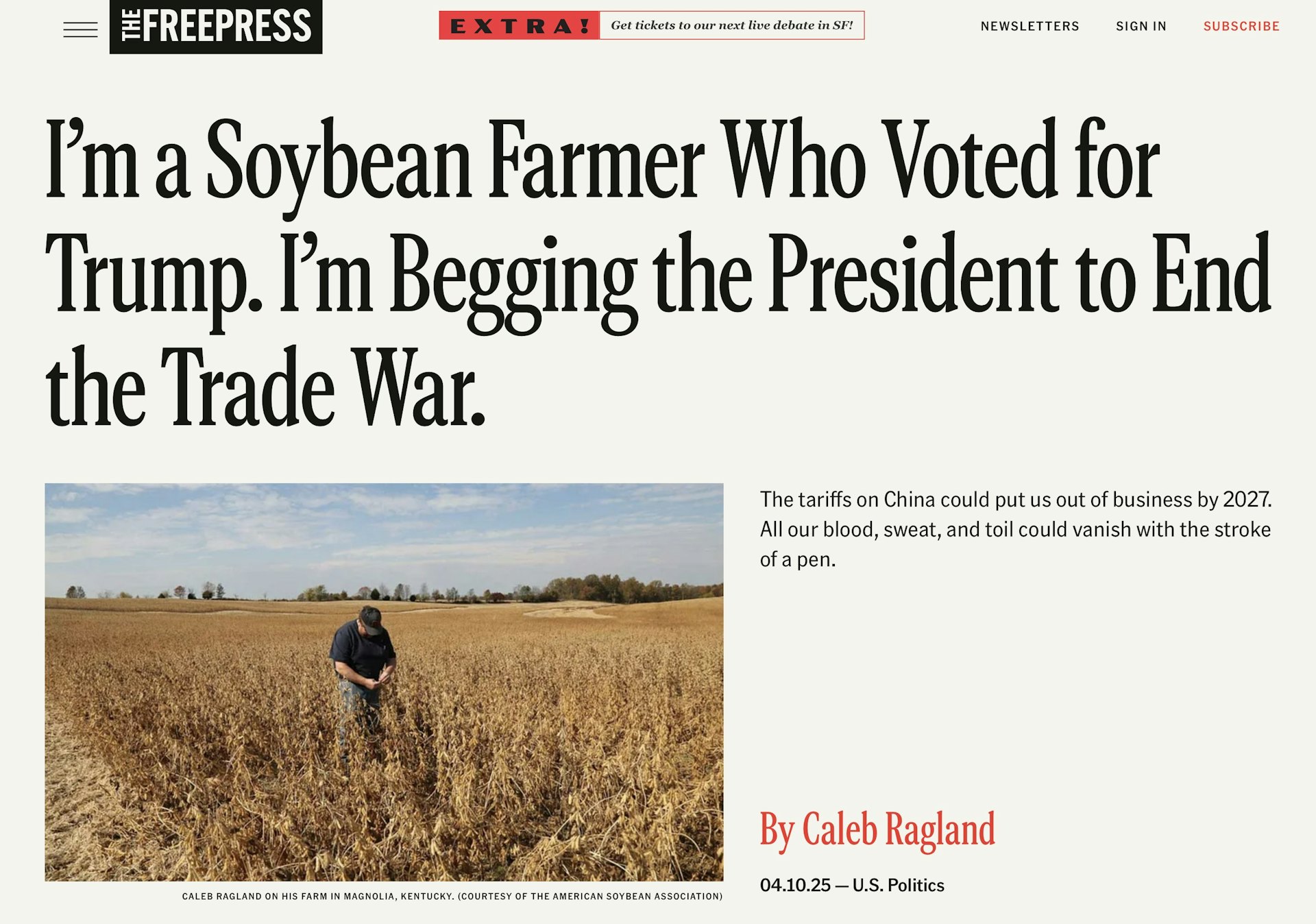 美国大豆协会主席拉格兰(Caleb Ragland)今年较早前以题为「我是一名投票给特朗普的大豆农民。 我恳求总统结束贸易战。」投书。 (网络图片)