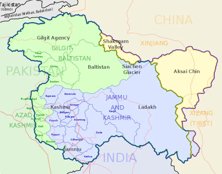 克什米爾（Kashmir）主要分別由印度（藍色）和巴基斯坦（綠色）所控制。（Wikipedia）