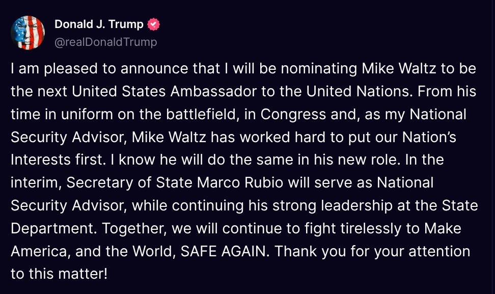 特朗普：將提名沃爾茲任聯合國大使魯比奧兼任國家安全顧問