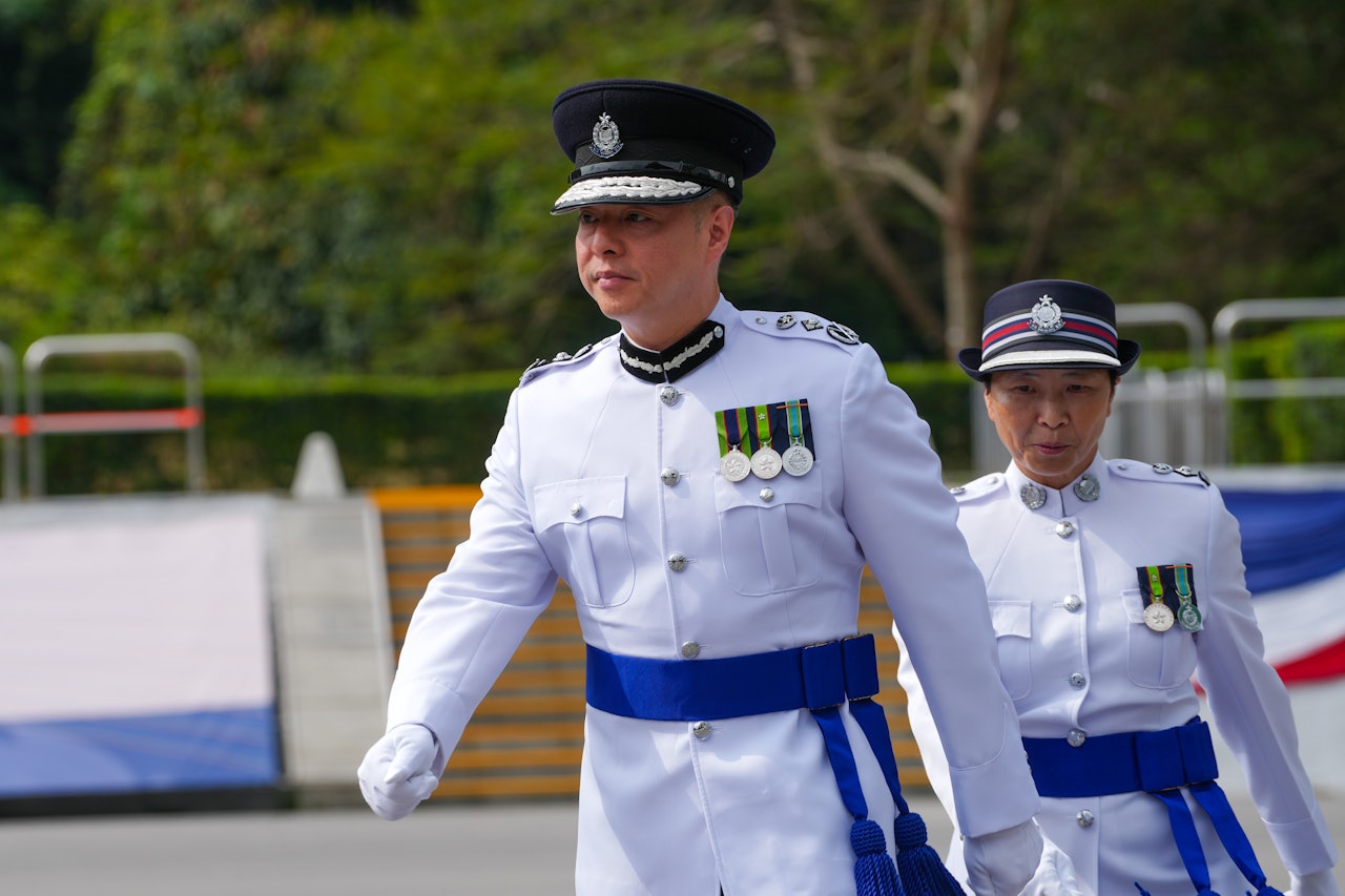 4月初上任警務處處長周一鳴今日主持首屆「學警預備訓練課程」學員結業會操。(黃浩謙攝)