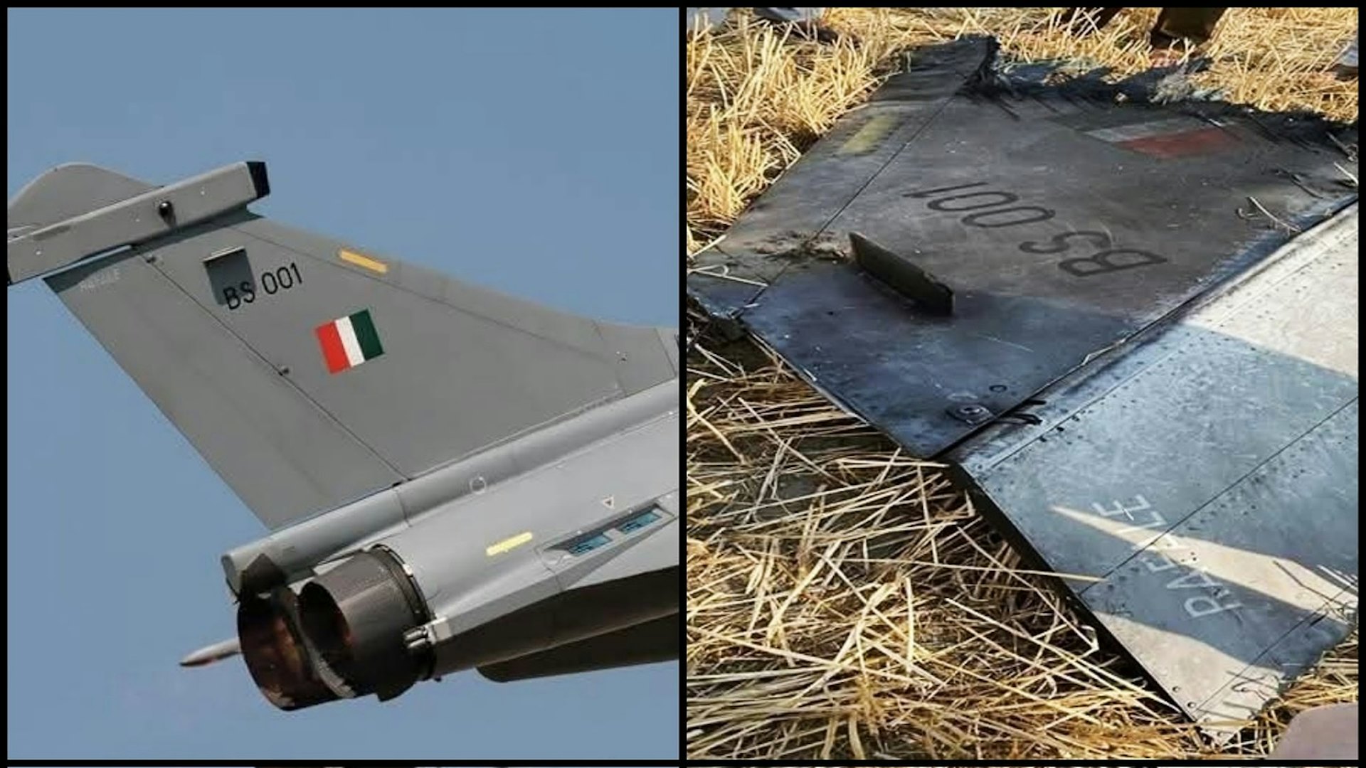 网传飞机残骸照片(右),以及此前印度空军序列号为「BS 001」的阵风战机照片。 (网络图片)