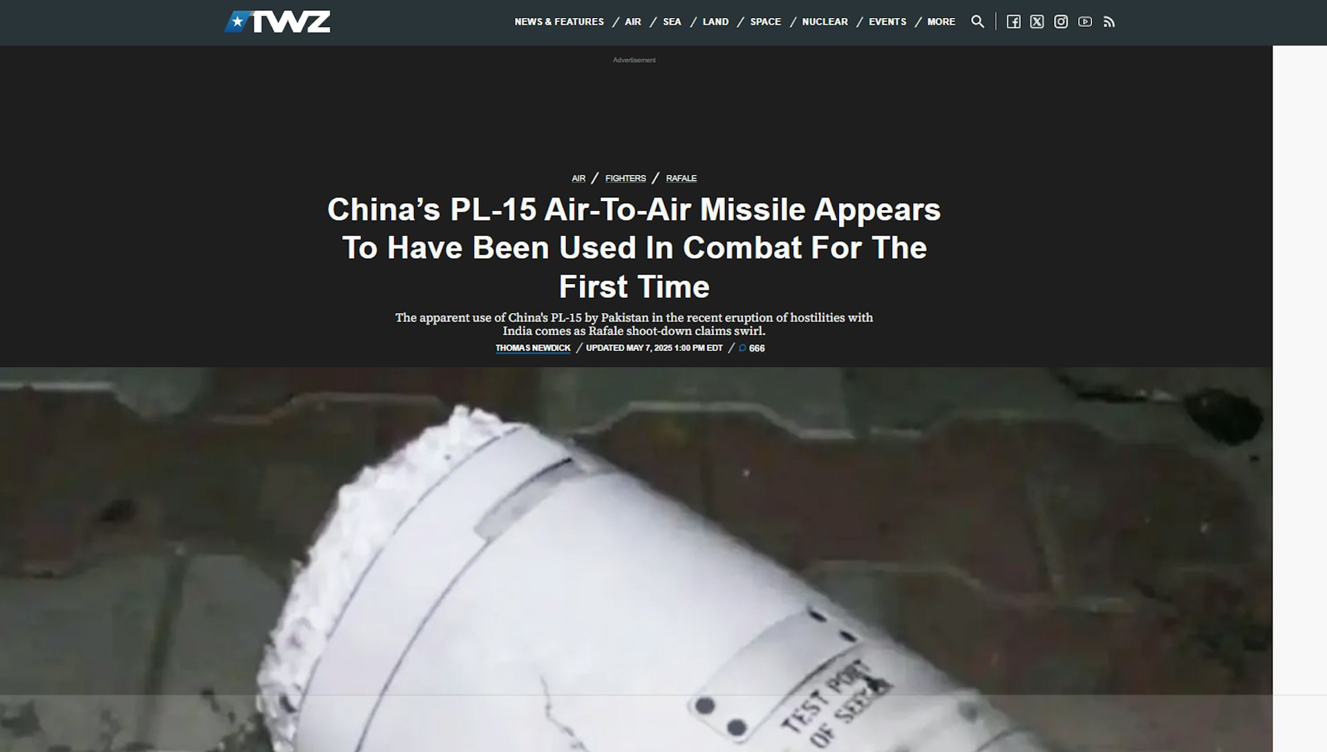 美國軍事新聞網站「戰區」(The WarZone, TWZ)發文稱,中國的霹靂-15空對空導彈似乎首次被用於實戰。 美國軍事新聞網站「戰區」(The WarZone, TWZ)發文稱,中國的霹靂-15空對空導彈似乎首次被用於實戰。