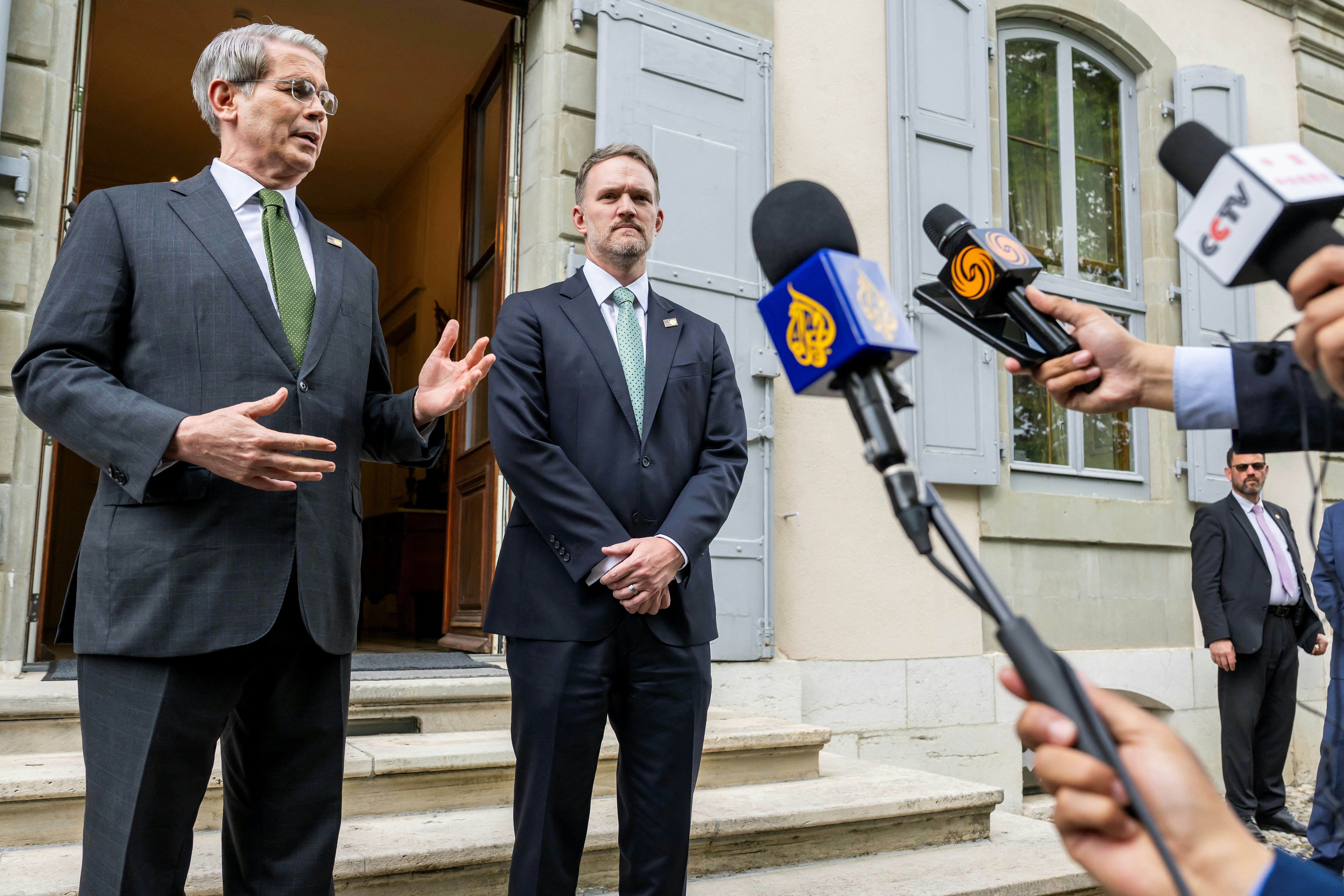 The picture shows U.S. Treasury Secretary Scott Bessent and U.S. Trade Representative Jamieson Greer speaking to the media after trade negotiations with China in Geneva, Switzerland on May 11, 2025. (Keystone/EDA/Martial Trezzini/Handout via REUTERS)