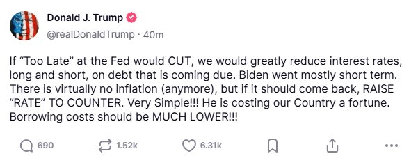 特朗普再促美國聯儲局減息：應降1個百分點借貸成本要大幅降低