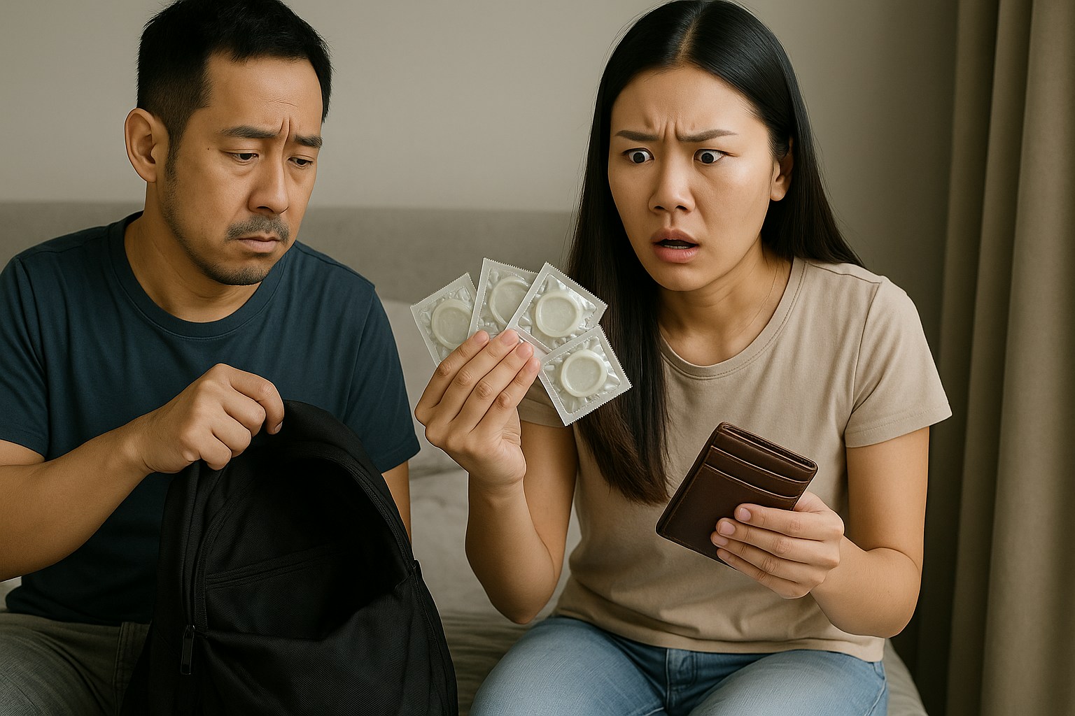 樓主意外發現男友背囊和銀包共藏4個避孕套，質疑對方出軌。（AI生成圖片）
