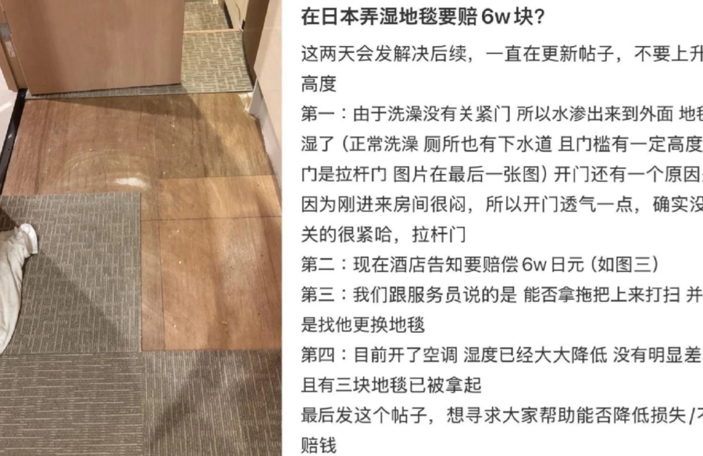 該內地大學生到日本旅遊期間，在酒店洗澡時積水滲出浸濕房間地毯。酒店檢查後發現有15塊需更換，故向他索償6萬日圓（約3,275港元）。（小紅書截圖）