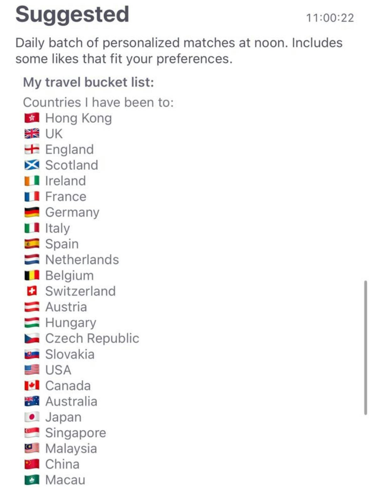 該賬戶列出多個自己曾旅遊過的地方，相信是想表達自己周遊列國。（Threads）