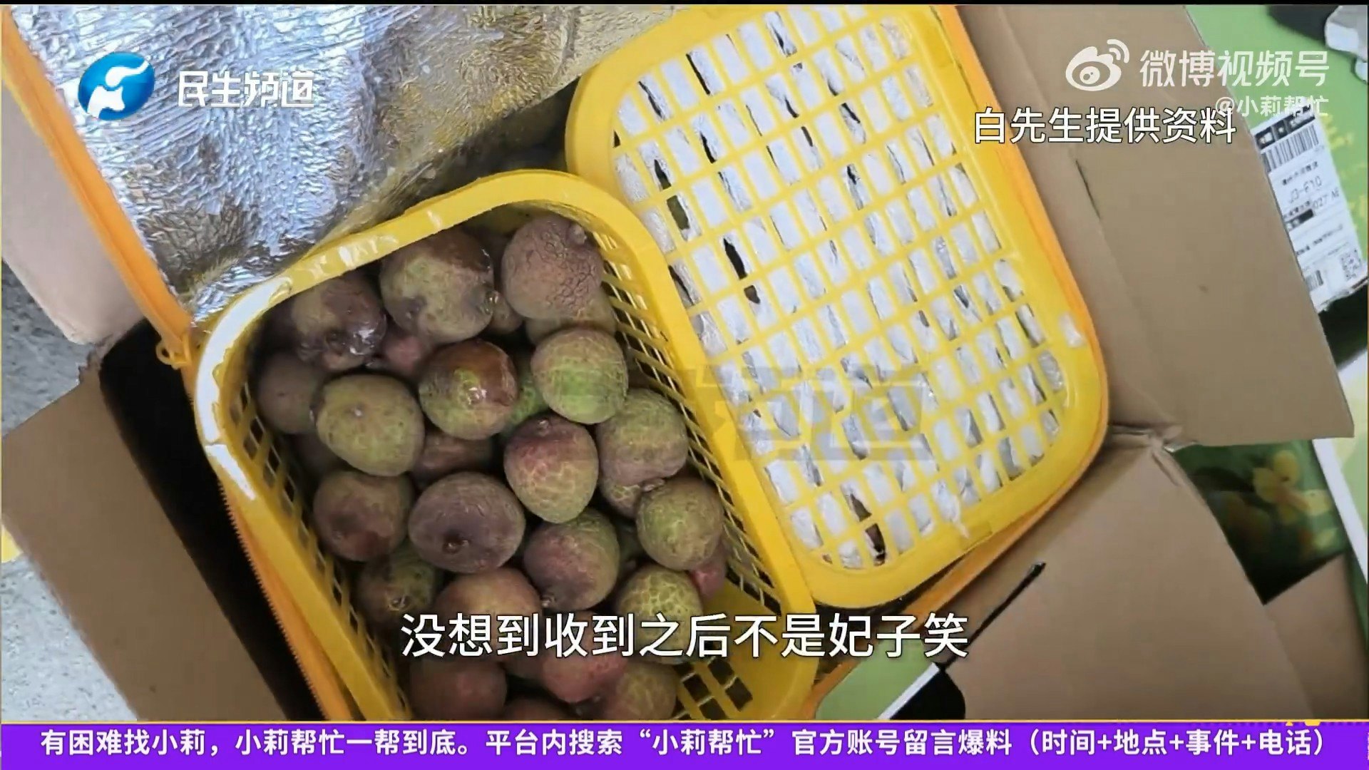 白先生的8歲兒子網購買了26箱「妃子笑」荔枝,但來的是次級的「桂花香」。(微博影片截圖) 白先生的8歲兒子網購買了26箱「妃子笑」荔枝,但來的是次級的「桂花香」。(微博影片截圖)