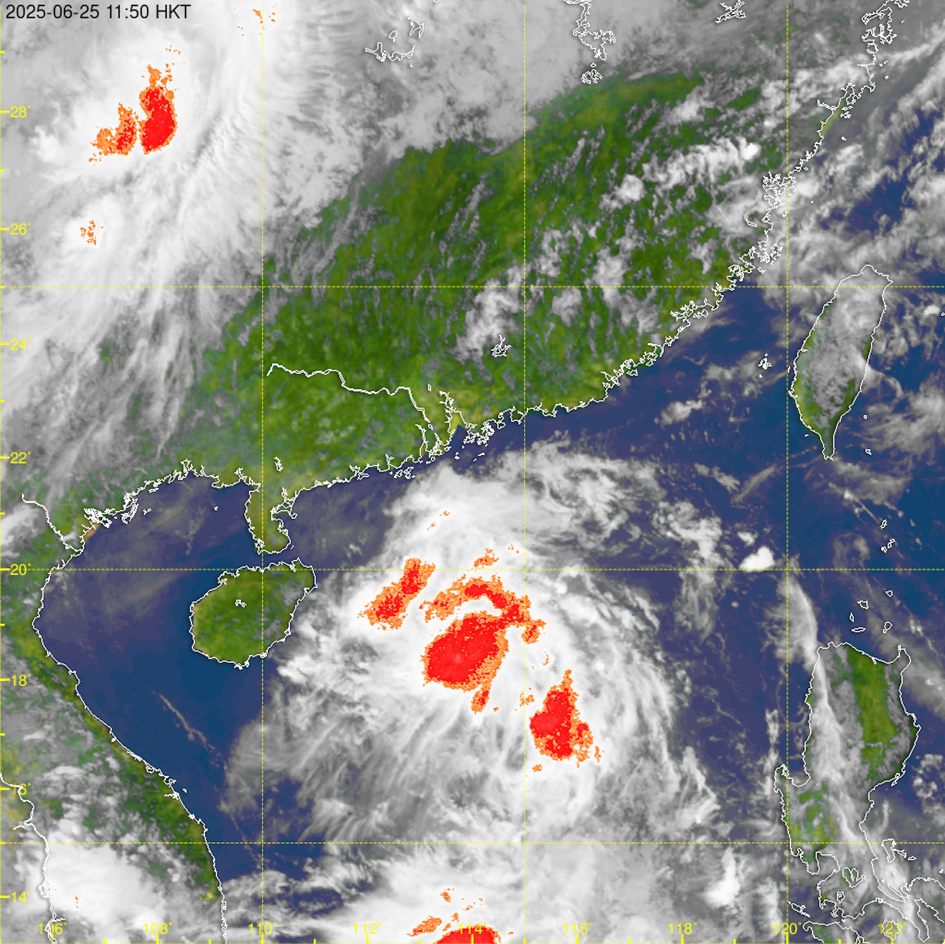 天文台網頁的衞星圖顯示,6月25日上午11:50可見,南海中部有強對流天氣,一個熱帶氣旋似乎在形成中。(天文台圖片)