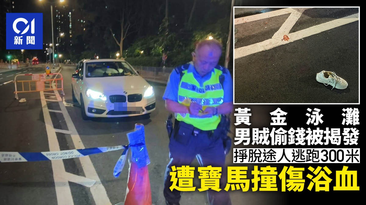 屯門黃金泳灘男賊偷露營女現金 掙脫途人逃跑300米遭寶馬撞傷