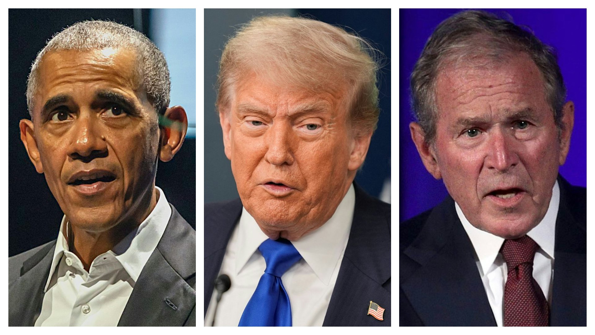 左圖:美國前總統奧巴馬(Barack Obama)於2022年6月10日在丹麥哥本哈根舉行的會議上發表演說。(Getty)中圖:2025年6月27日,美國華盛頓,圖為總統特朗普(Donald Trump)在白宮新聞簡報室發表講話。(Reuters)右圖:2017年6月23日,美國前總統小布殊(George W. Bush)在美國首都華盛頓特區出席論壇時發言。(Getty)