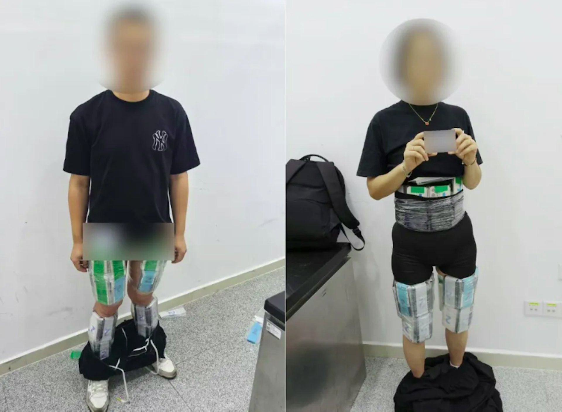 二人在雙腿處、腰腹處和胸口處綁藏大量舊手機。(海關發布)