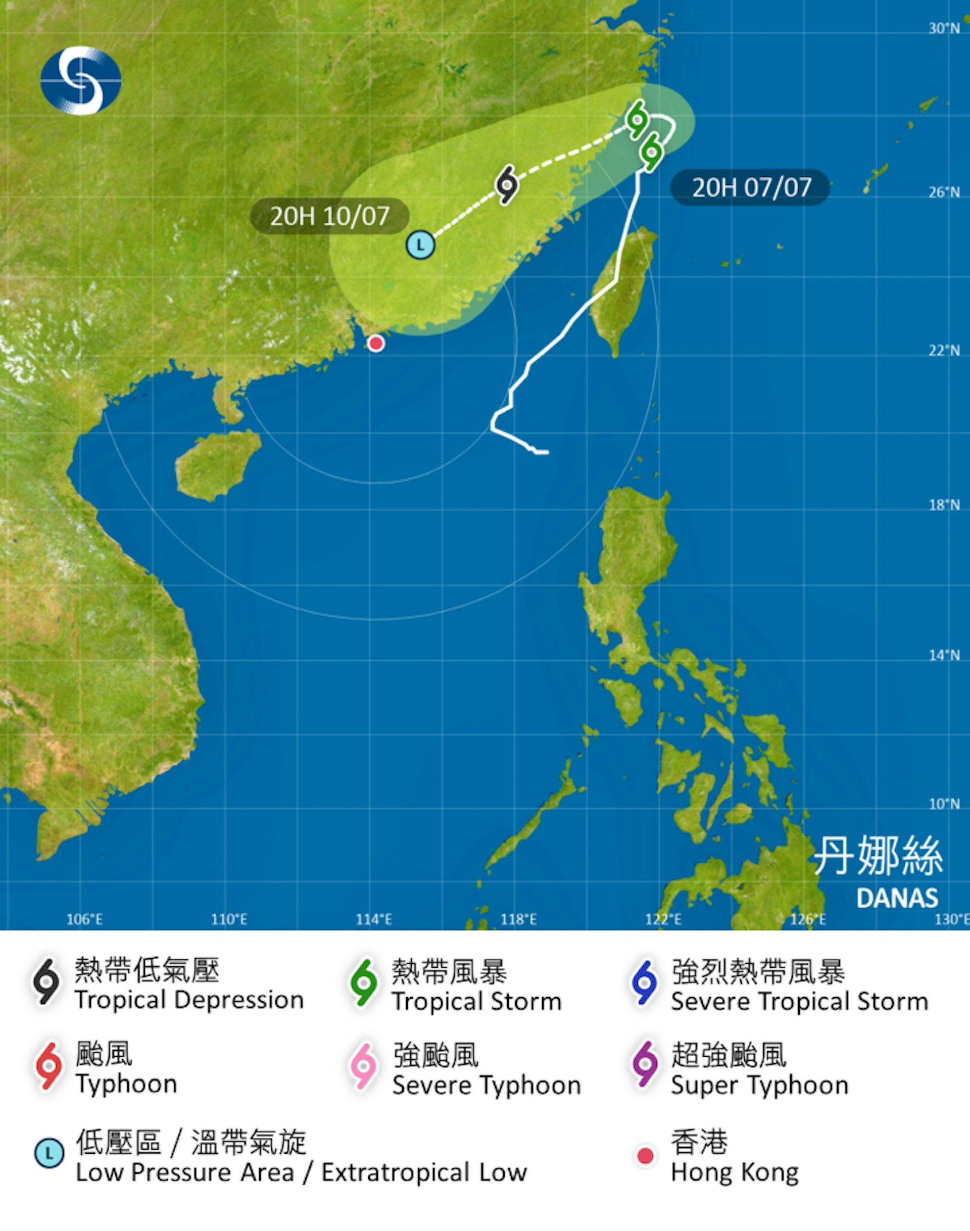 熱帶氣旋丹娜絲已減弱為熱帶風暴,7月7日20時集結在香港之東北偏東約940公里的東海上,中心附近最高持續風速每小時85公里。(天文台圖片) 熱帶氣旋丹娜絲已減弱為熱帶風暴,7月7日20時集結在香港之東北偏東約940公里的東海上,中心附近最高持續風速每小時85公里。(天文台圖片)