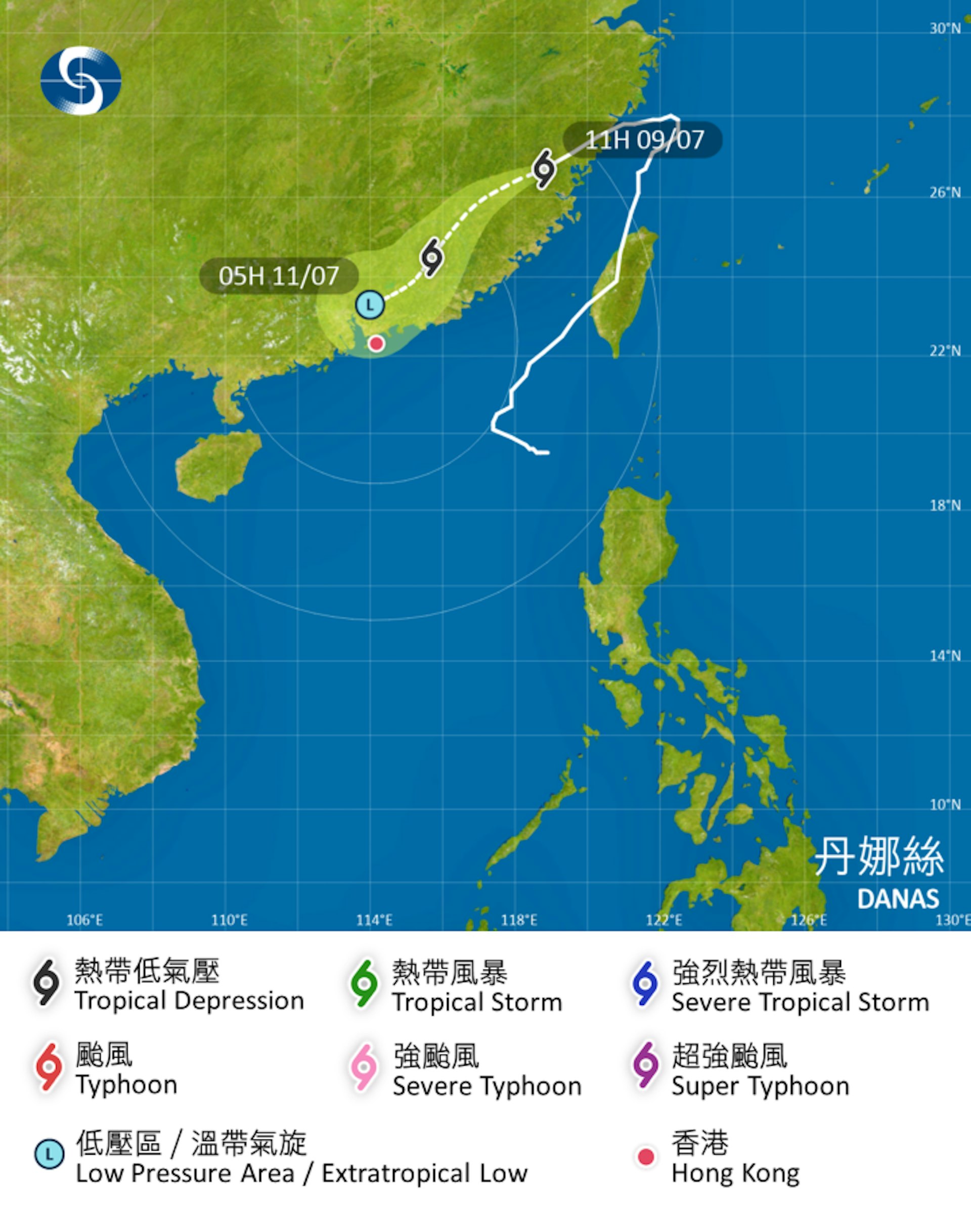 熱帶氣旋丹娜絲7月9日中午減弱為熱帶低氣壓,早上11時集結在香港之東北約680公里,中心附近最高持續風速每小時55公里。(天文台圖片)