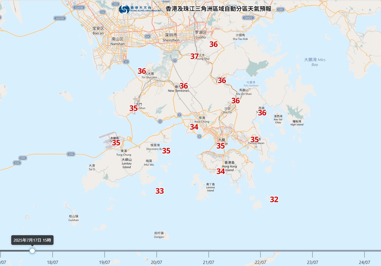 天文台自動分區天氣預報顯示，7月17日普遍各區升至35至37度。(天文台圖片)