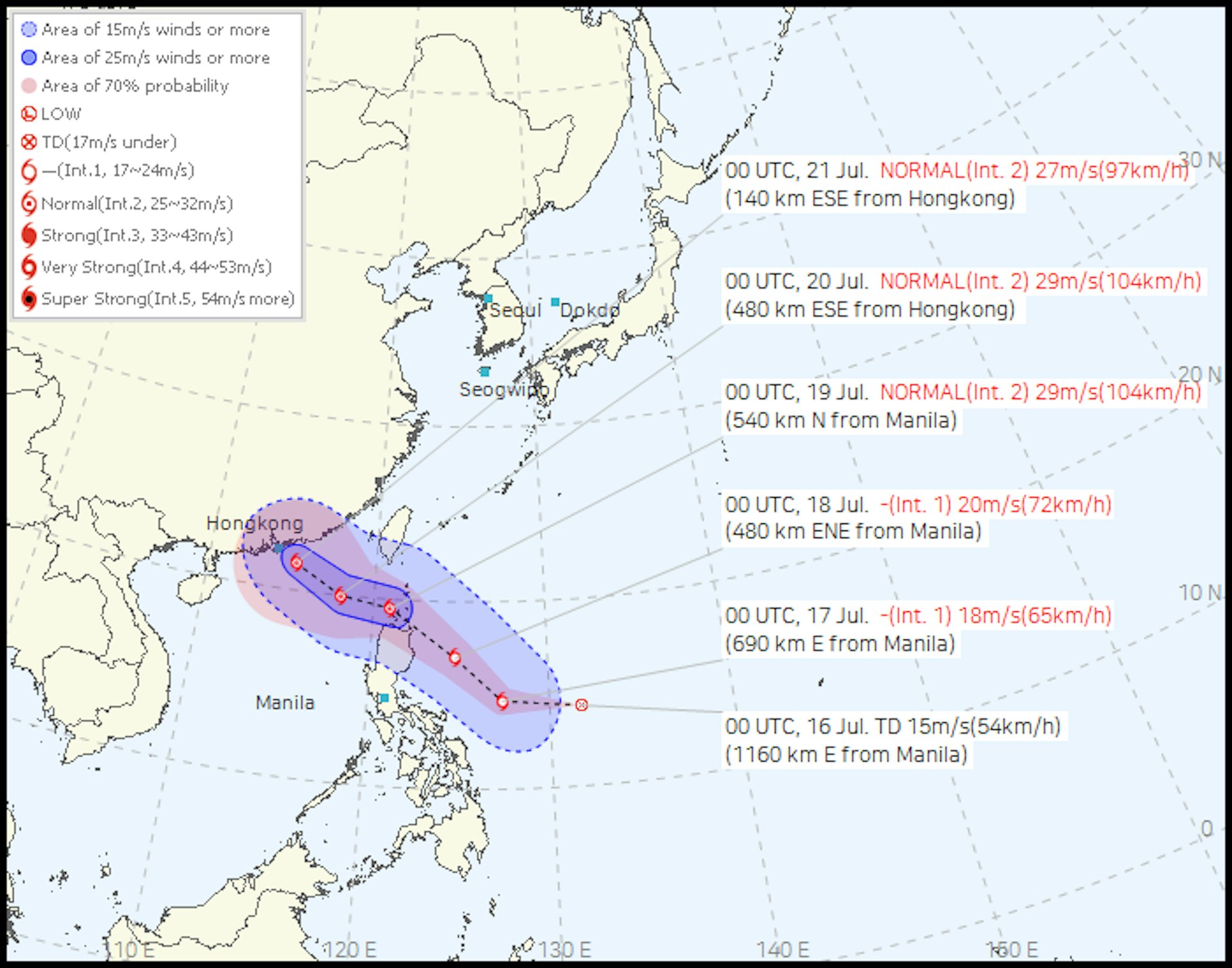 位於菲律賓以東海域的一個廣闊低壓區會7月16日早上增強為熱帶低氣壓,韓國氣象廳中午前發預測移動路徑圖,料7月20日至21日「直奔」珠江口一帶可能性大。(韓國氣象廳圖片,圖中時間為UTC世界協調時間,香港地區為UTC+8)