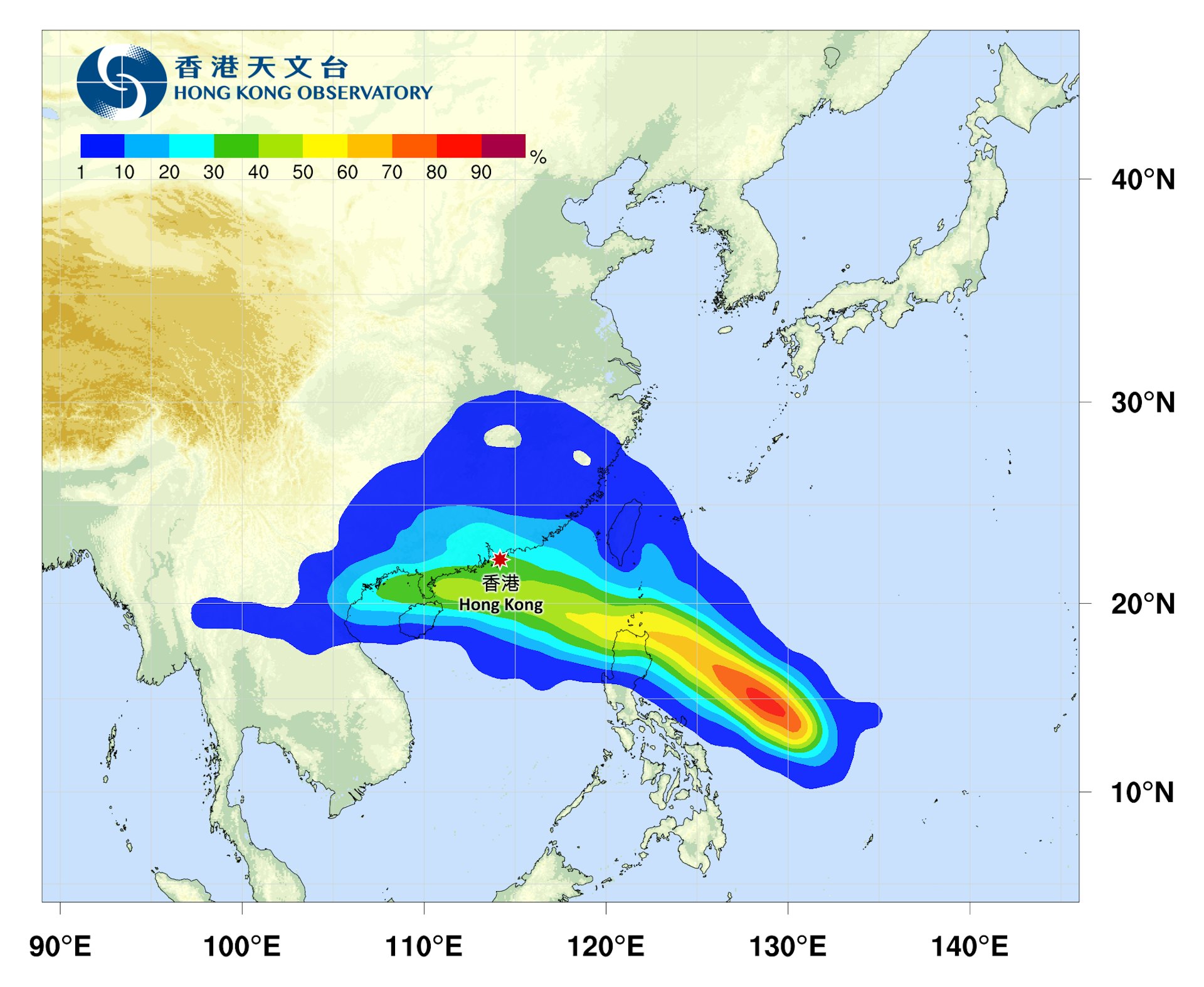 以顏色劃分,目前直吹香港機率最高四成。(天文台)