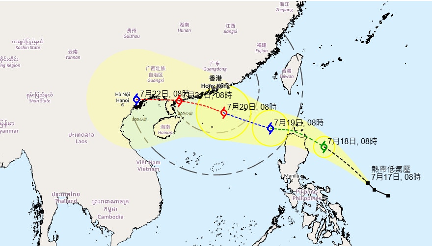 熱帶低氣壓7月17日早上8時集結在香港之東南偏東約1,680公里，中心附近最高持續風速每小時55公里。（天文台圖片）