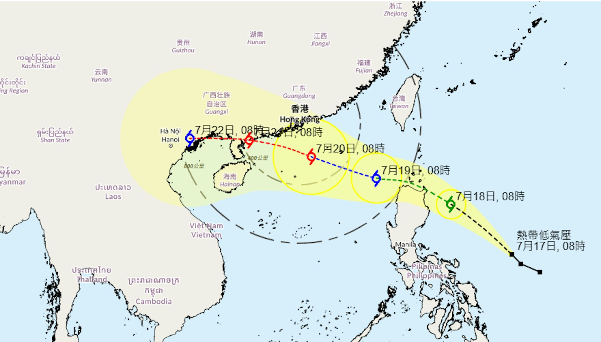 熱帶低氣壓7月17日早上8時集結在香港之東南偏東約1,680公里,中心附近最高持續風速每小時55公里。(天文台圖片)