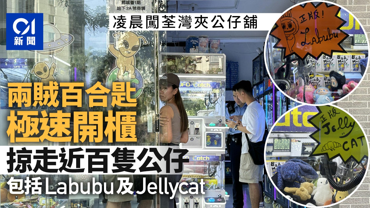 2賊闖荃灣夾公仔舖 開櫃偷近百隻公仔 包括Labubu、Jellycat
