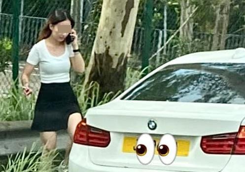 元朗新田公路附近有壞車「需要幫手」，網民紛紛關注壞車旁邊站立的美女司機。（Facebook群組「車cam L（香港群組）」）