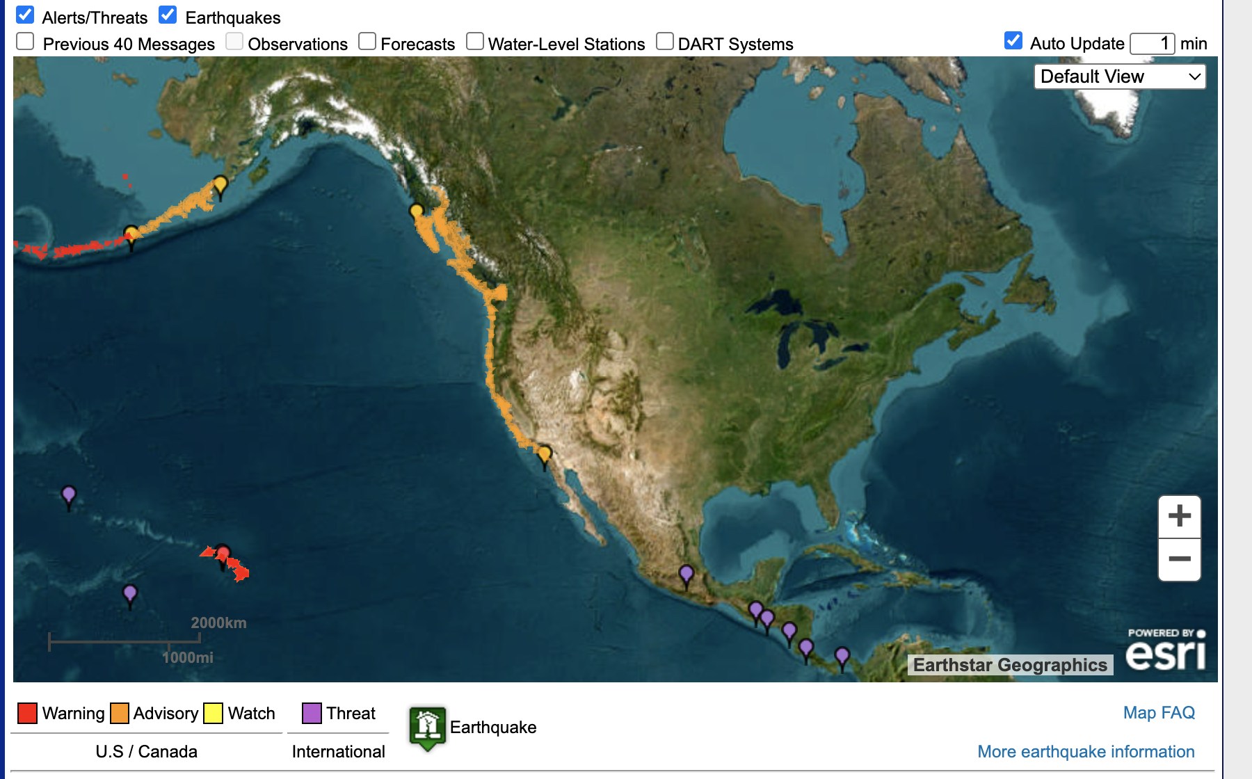 美國國家海嘯預警中心預警已對加州、俄勒岡州、華盛頓州、卑斯省和阿拉斯加州生效。(U.S. National Tsunami Warning Center)