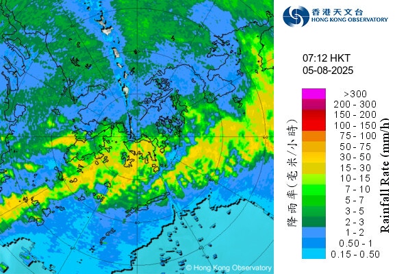 8月5日07:12雷達圖顯示，雷雨帶覆蓋港島，全港在雨區內。（天文台圖片）