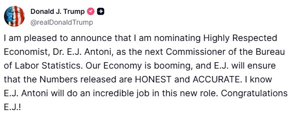 特朗普提名安東尼出任美國勞工統計局長