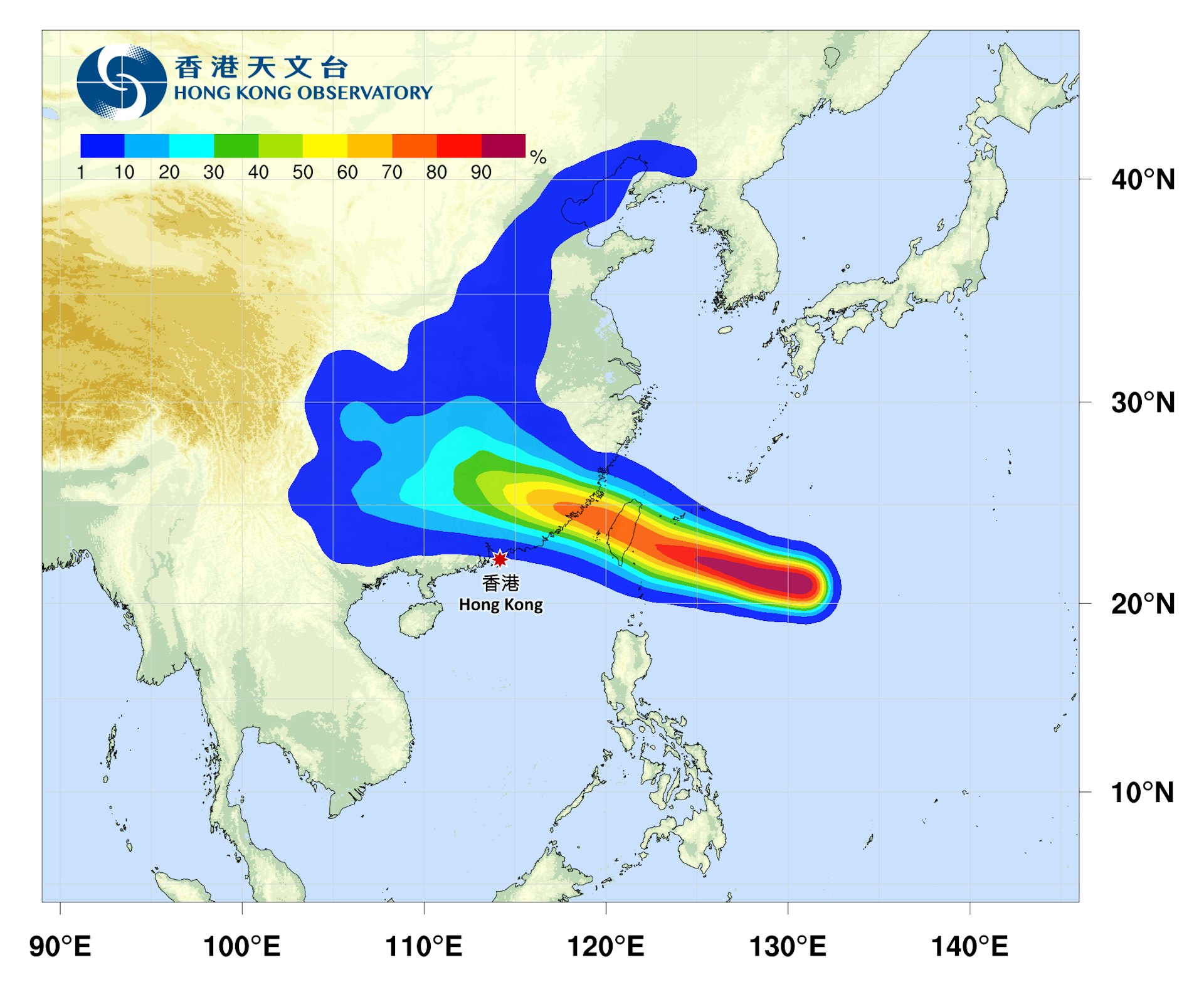 按顏色劃分,楊柳直吹香港機率最高一成。(天文台)
