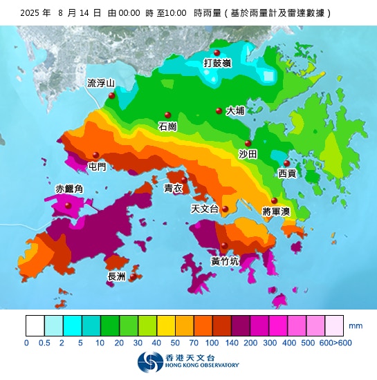 過去兩三小時，本港多處地區已錄得70毫米雨量，而港島中西區、南區更錄得140毫米；葵青和屯門亦曾在一小時內錄得100毫米雨量。（香港天文台圖片）