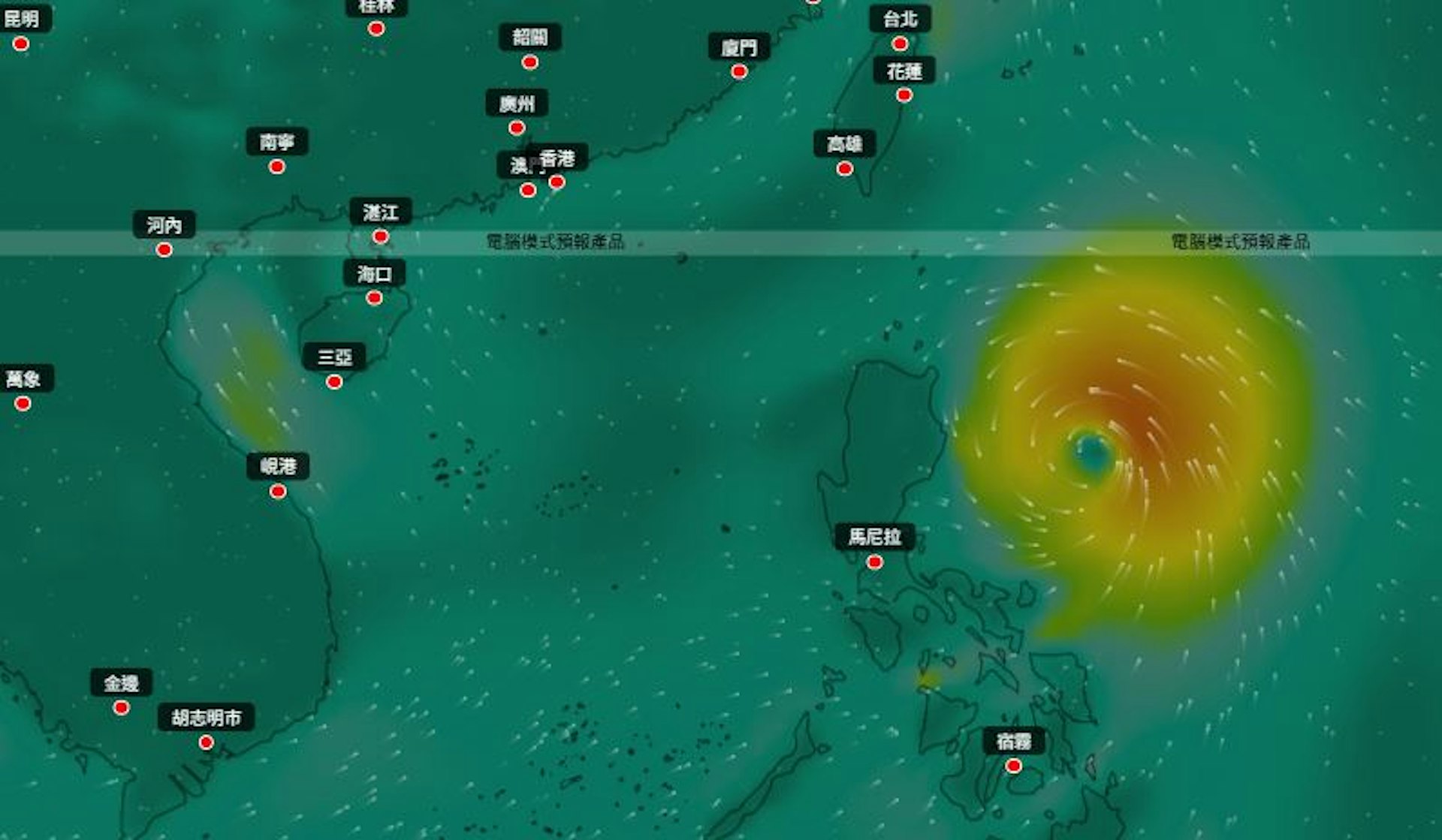 盤古AI天氣模型同樣預測,菲律賓東面巨型熱帶氣旋於8月22日至8月23日穿過菲律賓進入南海,並進入本800公里範圍;該巨型熱帶氣旋會在8月24日最接近香港,逼近香港400公里範圍,隨後繼續向西北方向移動,在海南島登陸。(盤古AI天氣模式)