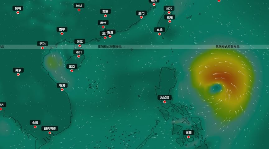 伏羲AI天氣模型也預測，菲律賓東面巨型熱帶氣旋於8月22日至8月23日穿過菲律賓進入南海，並進入本800公里範圍；該巨型熱帶氣旋會在8月24日最接近香港，逼近香港400公里範圍，隨後繼續向西北方向移動，在海南島登陸。（伏羲AI天氣模式）